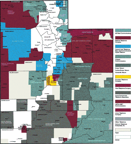 Map of Utah showing the geographic coverage areas for the 12 incumbent local exchange carriers