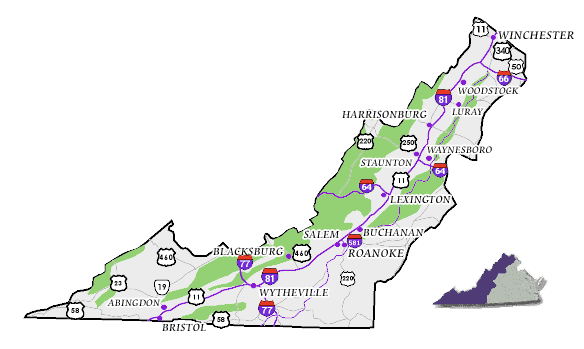 Map of Interstate 81 corridor through western Virginia