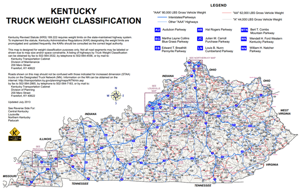 Road map of Kentucky with color coded roadways indicating AAA roadways (80,000 lb GVW limit), AA roadways (62,000 lbs. GVW), and A roadways (44,000 lbs. GVW) as well as other types of roads and parkways. 