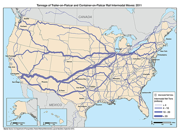 Figure 3-3. U.S. map showing that the largest concentrations of trailer-on flatcar and container-on flatcar rail intermodal moves are on routes between Pacific Coast ports and Chicago, southern California and Texas, and Chicago and New York.