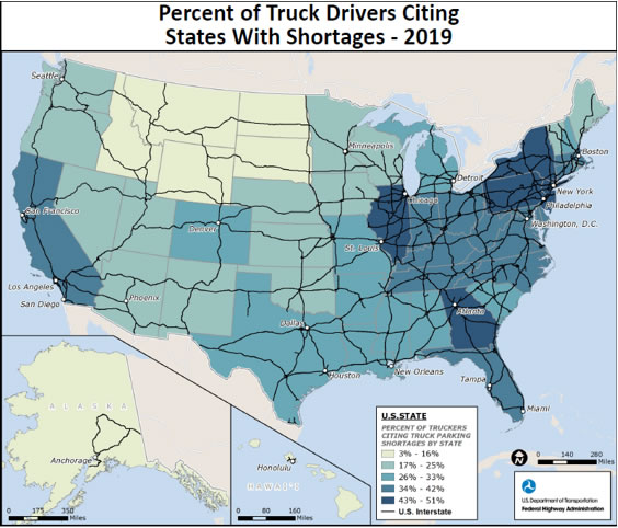 Percent of Truck Drivers Citing States With Shortages - 2019 - Map of US where the states with the biggest shortages are in Georgia, Illinois, Pennsylvania, New York, and Connecticut.