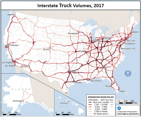 Interstate Truck Parking Map for 2017.  Highest concentrations are in the Eastern half of the US.