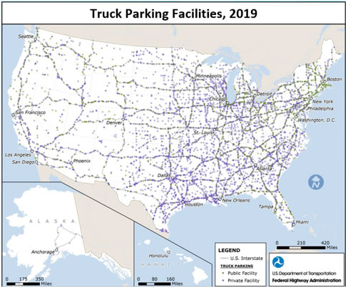 Truck Parking Facilities, 2019 - Marp of US parking locations.  Most along interstate highways with higher consentrations in the eastern US.