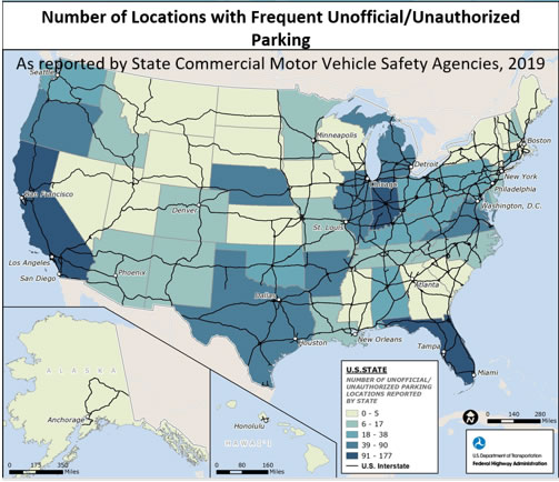 Map of US with states with highest unauthorized parking in dark blue (Florida, California)
