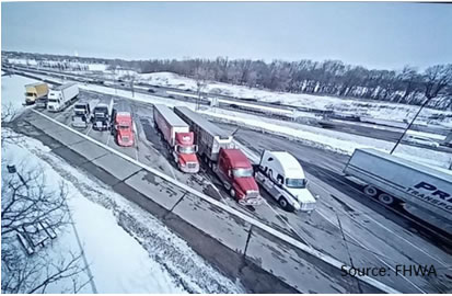 Overhead view of a line of trucks parked at rest area.