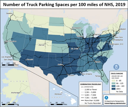 Number of Truck Parking Spaces per 100 miles of NHS, 2019 - Map of US. The states with the highest number of parking spaces per 100 miles of NHS are located in the mid-west and south-west.