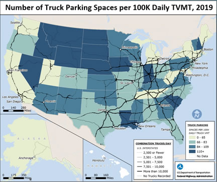 Number of Truck Parking Spaces per 100K Daily TVMT - Map of the US which shows top five states with most spaces relative to TVMT: Wyoming, New Hampshire, North Dakota, Nevada, Montana