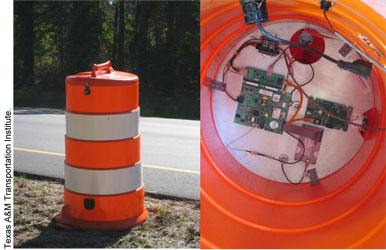 Figure 5. Photo.  iCone® Portable Traffic Monitoring Devices. Two photographs are provided, one showing a view of a plastic orange and white traffic barrel at the side of the road, the other showing a close-up view of electronic components installed inside a traffic barrel. Texas A and M Transportation Institute.