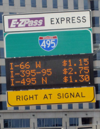 Photo of a variable Express Lane sign showing various tolls for different stretches of express lane travel.