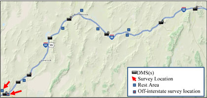 Figure 7. Map depicting the DMS Locations and two survey locations on the I-80 Study Corridor from east of Reno to Wells, Nevada.