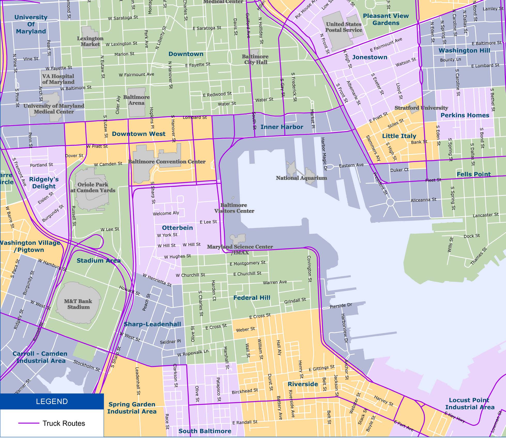 map of Baltimore's CBD marked with purple lines to show truck routes