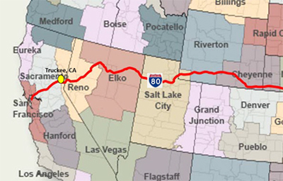 Truckee, CA is located on I-80; an important tourist and freight corridor. Map of a western portion of the United States highlighting I-80 and the town of Truckee, California.