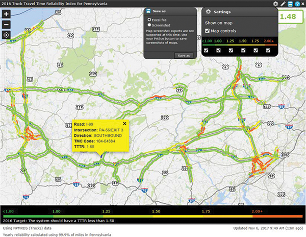 A screen capture of an example NPMRDS Truck Travel Time index map of Pennsylvania showing a color coded map of Truck Travel Time Reliability (TTTR) Index values.