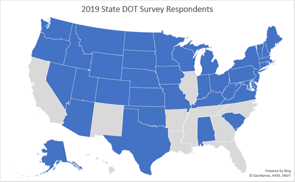 Figure 1. United States Map: The distribution of states that responded to the 2019 Road Weather Management State DOT Survey are shown in a map depicting the 50 states.  The survey was completed by 39 states and was targeted to learn about the current practices and capabilities for road weather management around the country.  In the bottom right half of the map, the biggest cluster of states that did not participate include most of the southern states.