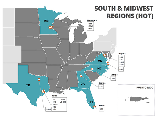 Figure 14. A map of the Southern and Midwest Region of the United States.