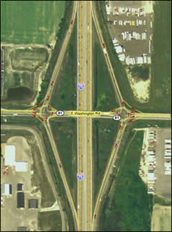 Aerial view showing roundabout locations within the diamond interchange of I-75/M-81