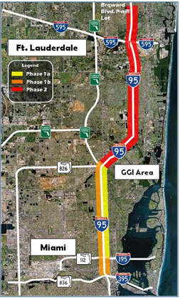 Miami-Fort Lauderdale Area Map. A map shows major highways feeding the main Interstate 95 corridor. The south portion of I-95 between State Route 395 and Route 826 is highlighted to designate Phase 1a and Phase 1b project work. The north portion of I-95 from Route 826 extending beyond State Route 595 is highlighted to designate Phase 2 work.