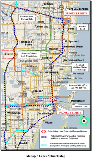 An image of a map displaying the Managed Multi-Lane Network in Miami. Select map for a larger view.