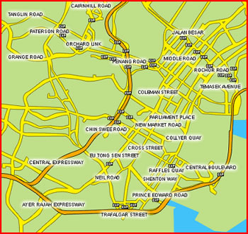 Figure 1b - This graphic is a more detailed map of the Singapore CBD that shows the location of the tolling gantries in Singapore CBD.