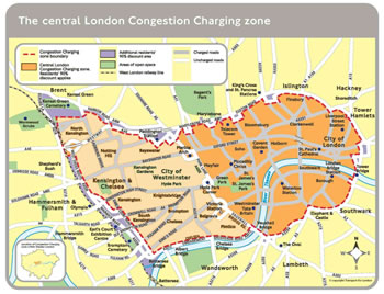 Figure 2 - This graphic is a map showing the boundaries of the Central London congestion charging zone, and shows the area covered by the original charging zone that was established in 2003 and the expansion zone added in 2005.