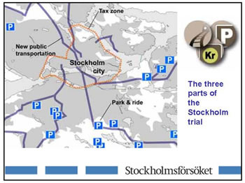 Figure 3 - This graphic shows the cordon around Central Stockholm and the transit routes that were expanded, as well as the related park-and-ride facilities.