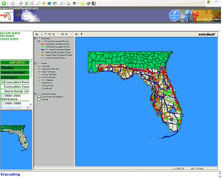 screen shot from a website showing the hurricane evacuation routes for the State of Florida. Routes are color coded by type of facility (e.g., interstate, toll, U.S. route, state route)