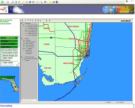 screen shot from a website showing the hurricane evacuation routes for the State of Florida with a close up view (zoom function) of the Miami-Dade / Palm Beach area. Routes are color coded by type of facility (e.g., interstate, toll, U.S. route, state route)