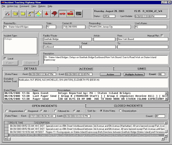 screen shot of TRANSCOM incident tracking user interface screen