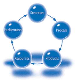 framework shown as a series of iterative activities represented by five disks forming a circle and connected by arrows that flow from one to the next. Structure leads to process, which leads to products, which leads to resources, which leads back to performance