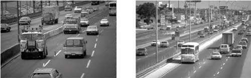two photos of contraflow lanes on highways separated from general purpose lanes, with traffic moving in the opposite direction, by channelizing devices
