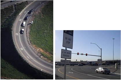 figure 17 - photos - Two photographs showing examples of high occupancy vehicle ramp meter bypasses on freeways