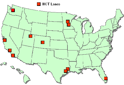 figure 18 - map - Graphic of the United States showing locations of High occupancy toll lane operations in the US as of December 2010