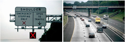 figure 26 - photos - Two photographs on lane control signal and signage over right shoulder lane with left lane restricted to High Occupancy Vehicles