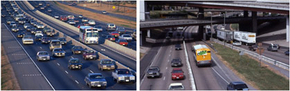 figure 8 - photos - Two photographs showing examples of reversible and contra flow high occupancy vehicle lanes
