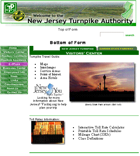 Home page of the New Jersey Turnpike web site.  The picture demonstrates the capabilities of the web site such as toll rate calculation, EZ-Pass information, roadway conditions, and other travel amenities.