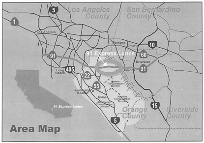 map of the major roadway systems primarily in Orange County highlighting the project limits of SR 91