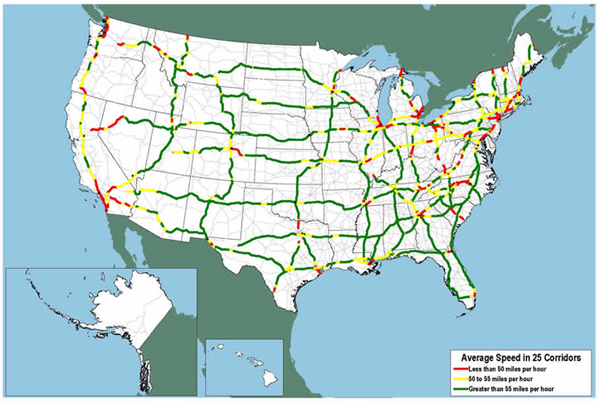 U.S. map showing slow speeds in California, I-80 in western Nevada, I-95 from Washington to Boston, and in major cities.