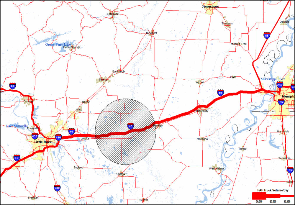 A local map of Arkansas and western Tennessee showing major concentration of truck volumes on I-40. A shaded circle between Little Rock, AR and Memphis, TN identifies the segment of I-40 affected by flooding.