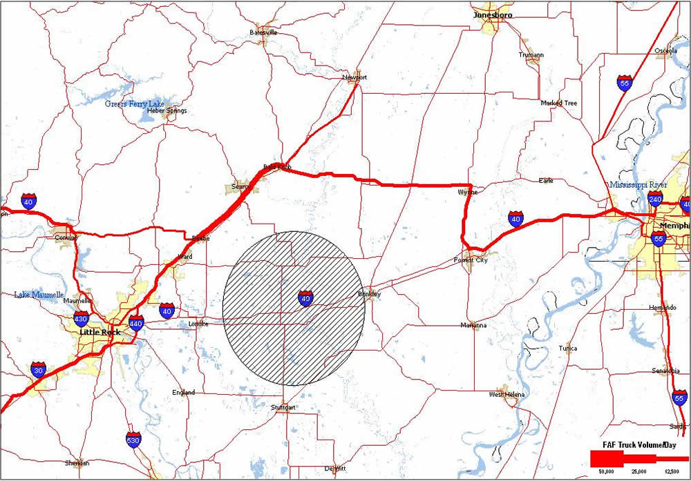 A regional map of Arkansas and western Tennessee showing major concentration of truck volumes on I-40 interrupted between Little Rock, AR and Memphis, TN where a segment of I-40 has been affected by flooding. A significant amount of the truck volume typically on I-40 in this segment is rerouted to the north on US67, US64, and SR1.