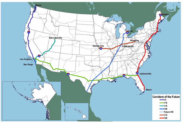 U.S. map showing I-5 from Canada to Mexico, I-15 from San Diego to Salt Lake City, I-10 from Los Angeles on the Pacific to Jacksonville on the Atlantic, I-70 from Kansas City to Wheeling, I-95 from Canada to Miami, I-69 from Canada to Indianapolis, and future I-69 from Indianapolis to the Mexican border near Laredo.