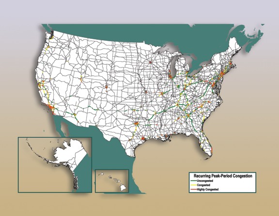 Figure 3-11. U.S. map showing recurring peak-period congestion on high-volume truck portions of the National Highway System for year 2002.