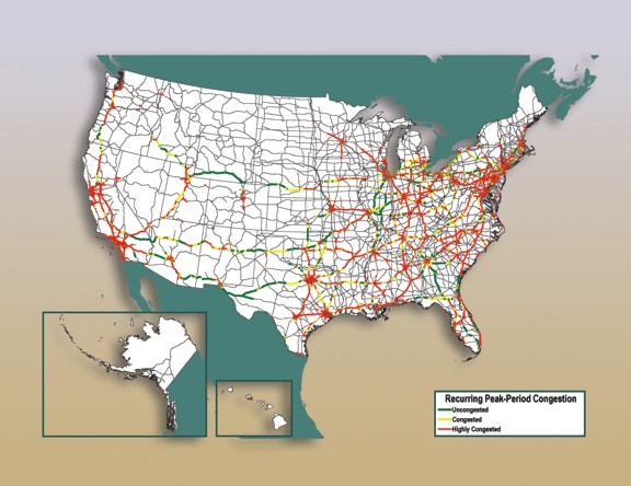 Figure 3-12. U.S. map showing recurring peak-period congestion on high-volume truck portions of the National Highway System forecast for year 2035.