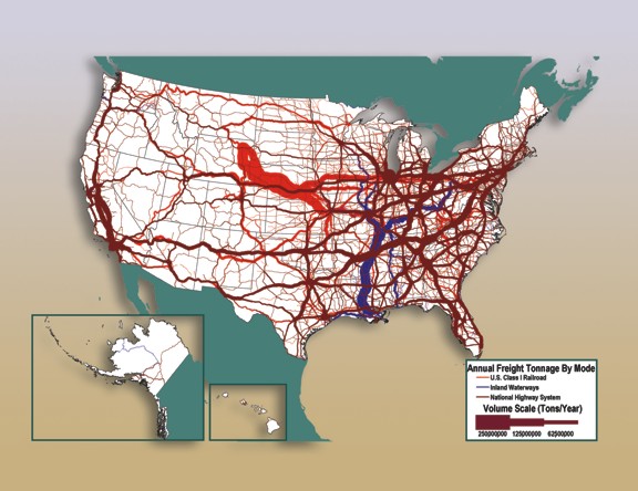 Figure 3-14. U.S. map showing annual freight tonnage by three modes: U.S. Class I Railroad, inland waterways, and National Highway System, for year 2002.