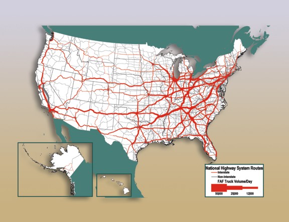 Figure 3-5. U.S. map showing National Highway System Routes with truck volume per day for year 2002.