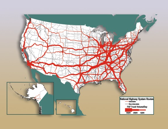 Figure 3-6. U.S. map showing National Highway System Routes with truck volume per day forecast for year 2035.