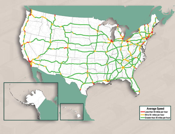 Figure 3-13. U.S. map showing average speed in selected corridors for 2009.