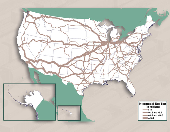Figure 3-15. U.S. map showing amounts of intermodal tonnage transported in millions of net tons for year 2008.