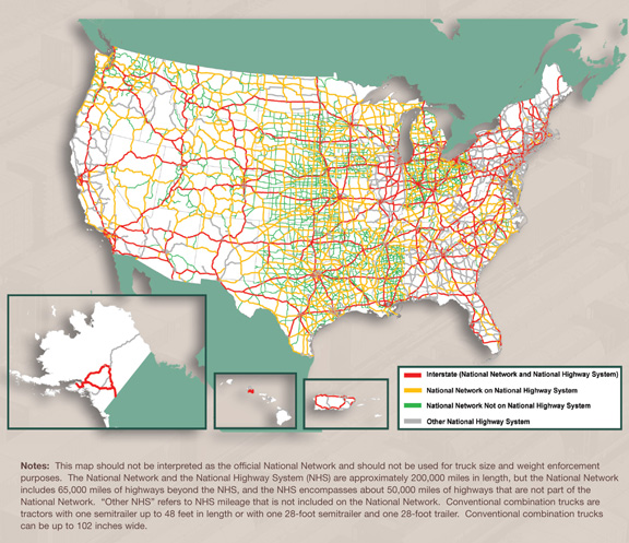 Figure 3-3. U.S. map showing the National Network. Notes: This map should not be interpreted as the official National Network and should not be used for truck size and weight enforcement purposes. The National Network and the National Highway System (NHS) are approximately 200,000 miles in length, but the National Network includes 65,000 miles of highways beyond the NHS, and the NHS encompasses about 50,000 miles of highways that are not part of the National Network. "Other NHS" refers to NHS mileage that is not included on the National Network. Conventional combination trucks are tractors with one semitrailer up to 48 feet in length or with one 28-foot trailer. Conventional combination trucks can be up to 102 inches wide.