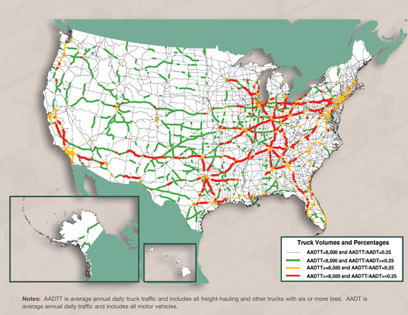 Figure 3-7. U.S. map showing truck volumes and percentages for year 2007. Notes: AADTT is average annual daily truck traffic, and includes freight-hauling and other trucks with six or more tires. AADT is average annual daily traffic and includes all motor vehicles.