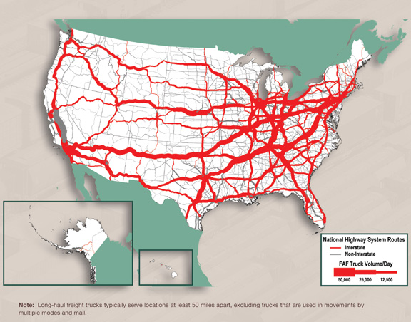 Figure 3-10. U.S. map showing National Highway System Routes with truck volume per day forecast for year 2040. Note: Long-haul freight trucks typically serve locations at least 50 miles apart, excluding trucks that are used in movements by multiple modes and mail.